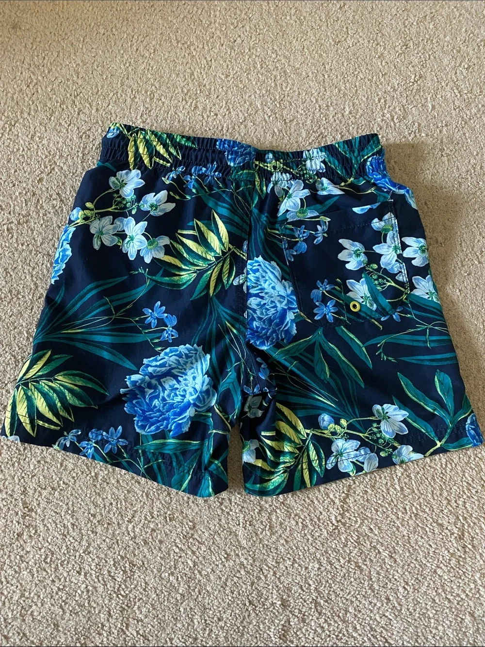 Old Navy Navy Blue Floral Swim Trunks with Green and Light Blue Accents
